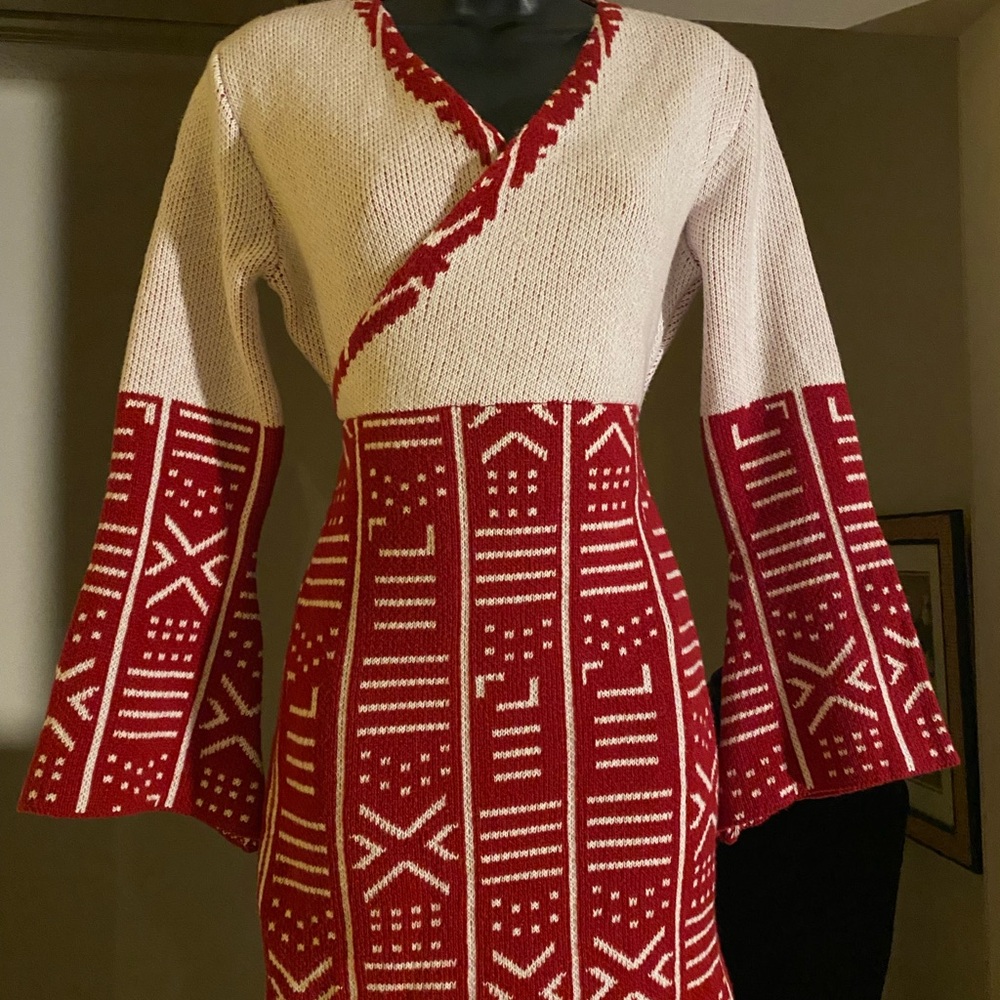 Red and White Tribal Print Knit Dress